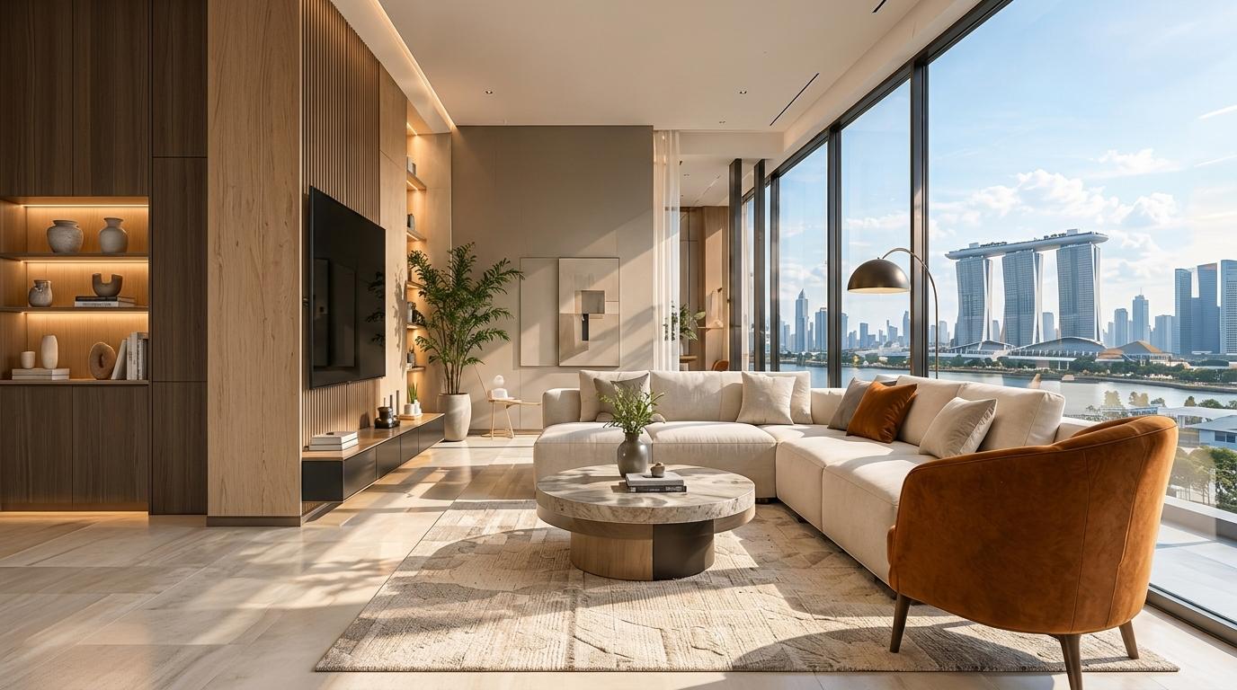 A cream living room with warm wood, an orange armchair and a view of Marina Bay through full-height windows