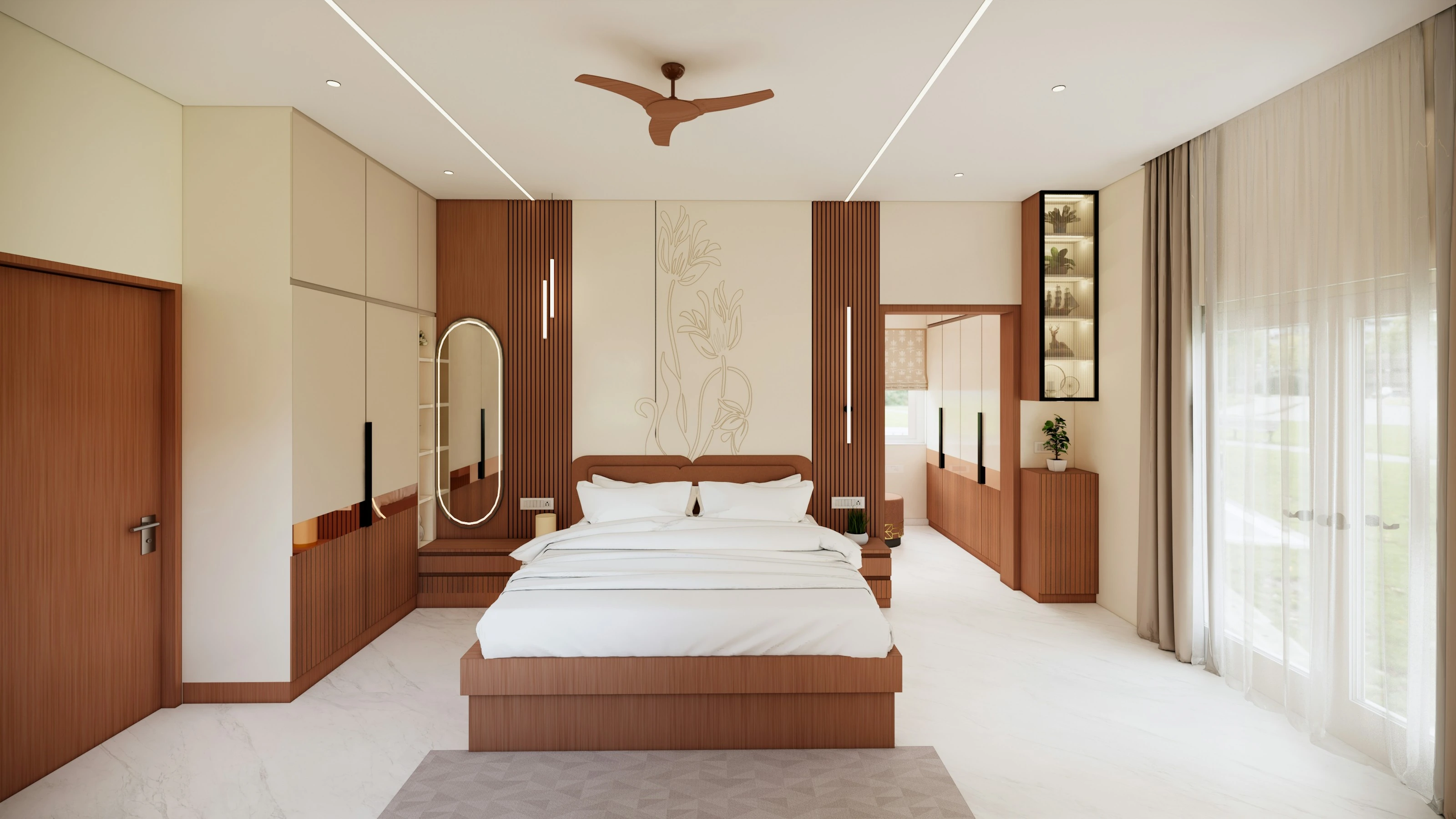 A bright bedroom with a white bed, warm wood panels and built-in storage