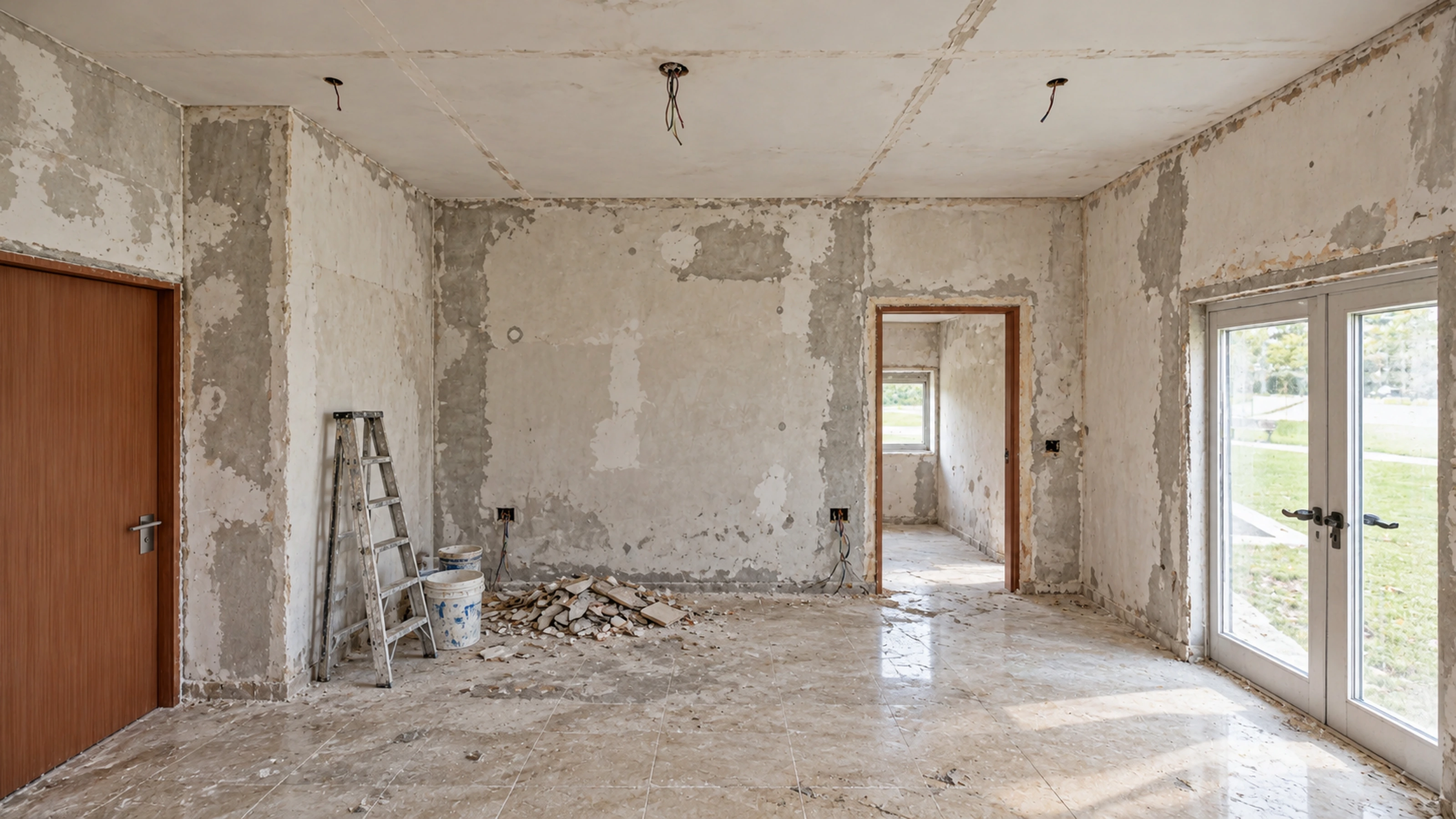 AI-generated concept: The same bedroom before renovation, with patchy walls, damaged floor tiles and exposed wiring