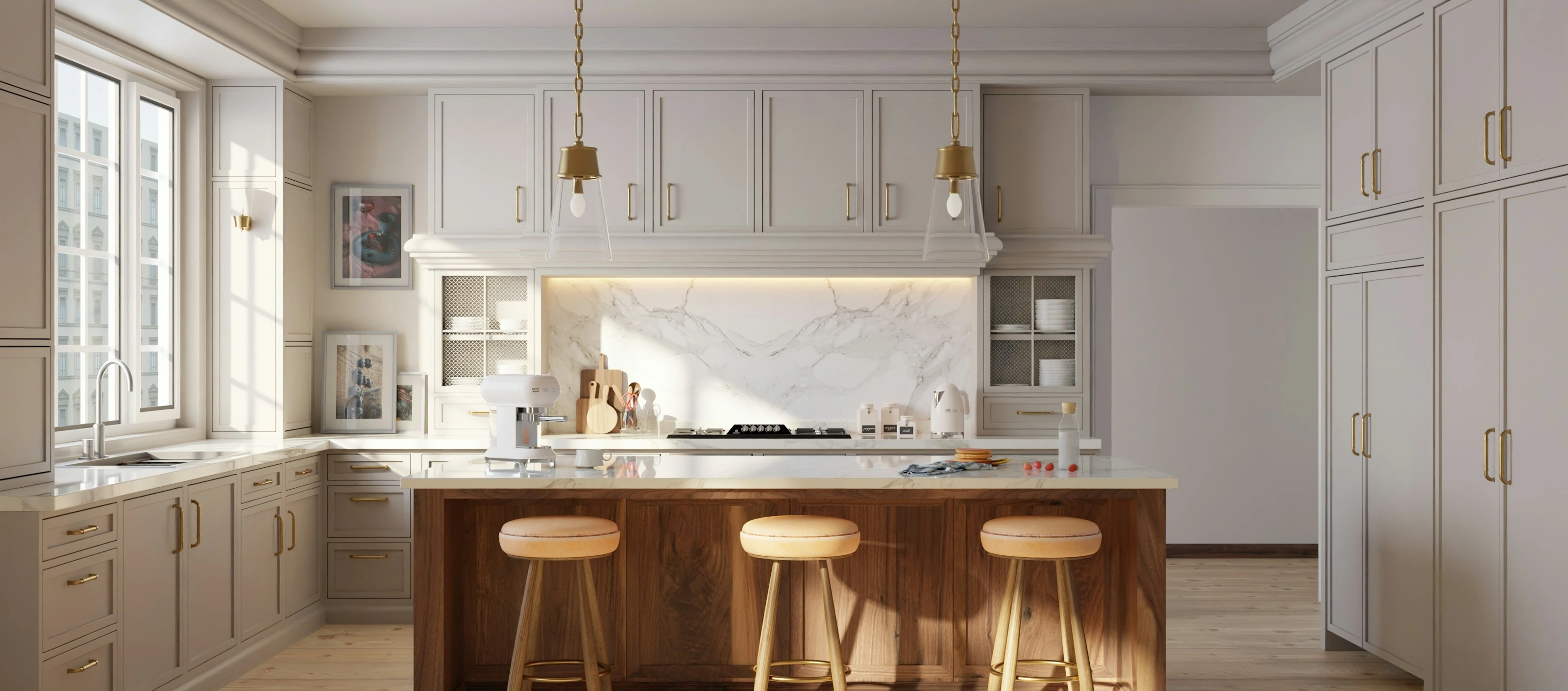 A bright kitchen with greige cabinets, a walnut island and a marble worktop