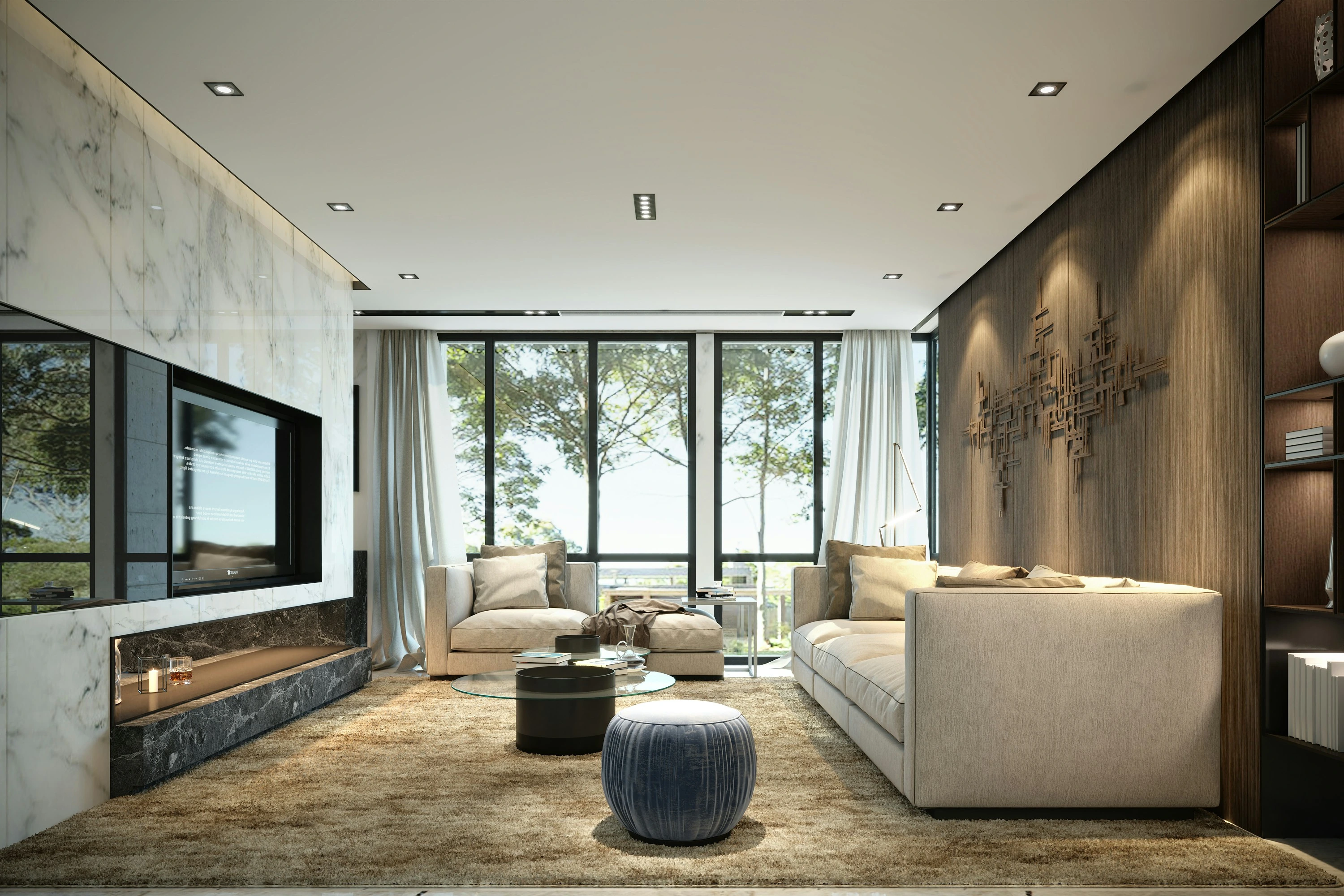 A modern living room with cream seating, a walnut wall and large windows