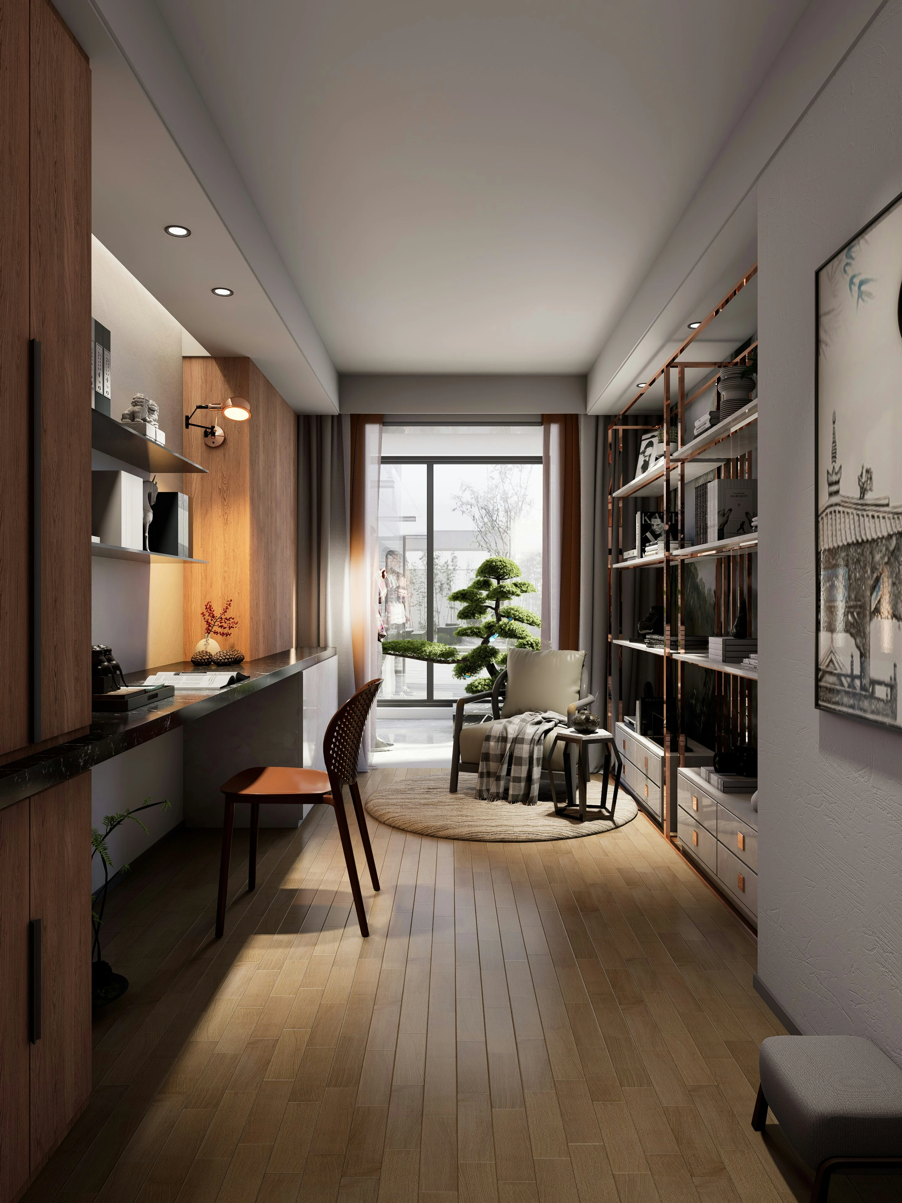 A home study with a wood desk, fitted shelves, plants and warm neutral details