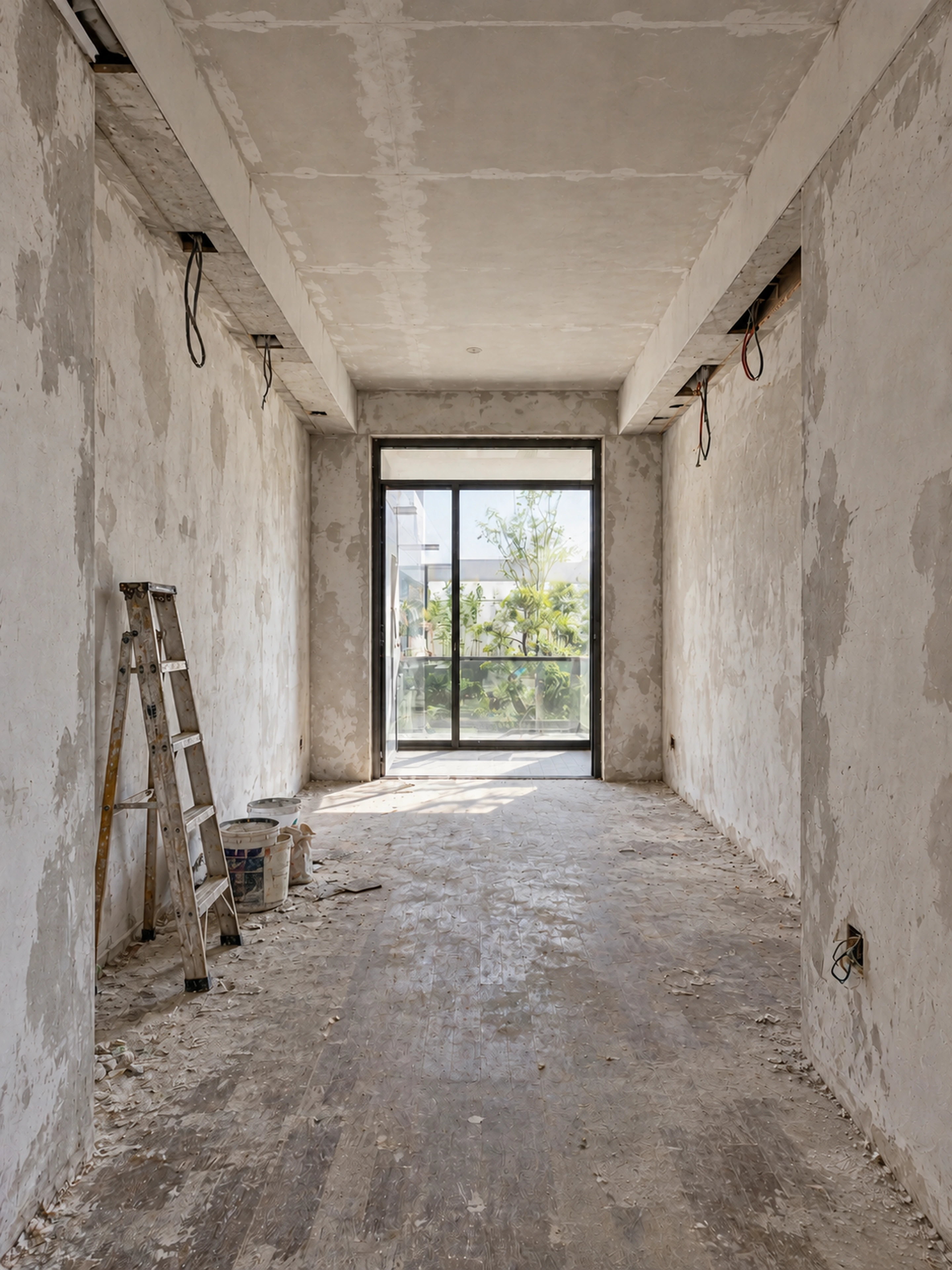AI-generated concept: The same study before renovation, with bare walls, an unfinished ceiling and renovation debris